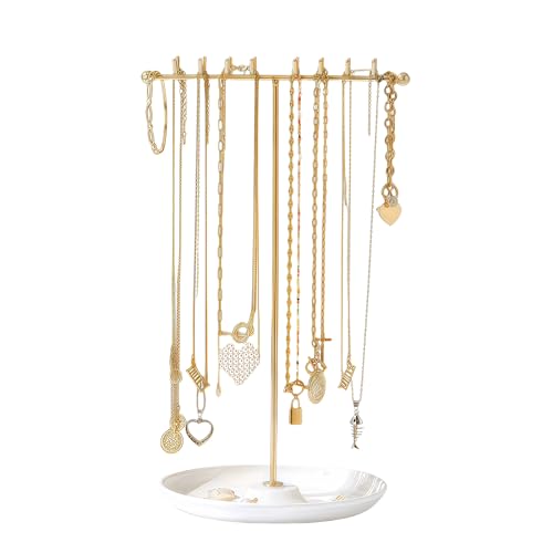 Zynzthos Necklace Holder Stand Organizer with Tray - Gold Jewelry Organizer with 18 Hooks Necklace Tree, Small Necklace Hanger & Ring Holder, Multifunctional Storage Earrings, Lipstick, Watches