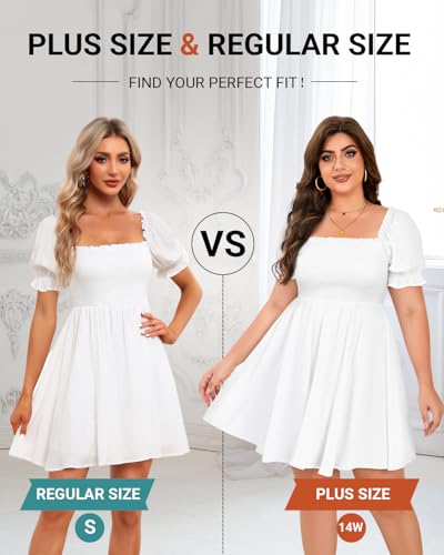 Image of Holipick Women's Casual Square Neck Smocked Dress Shirred Ruffle Puff Sleeve High Waist Cute Flowy A-Line Short Dress