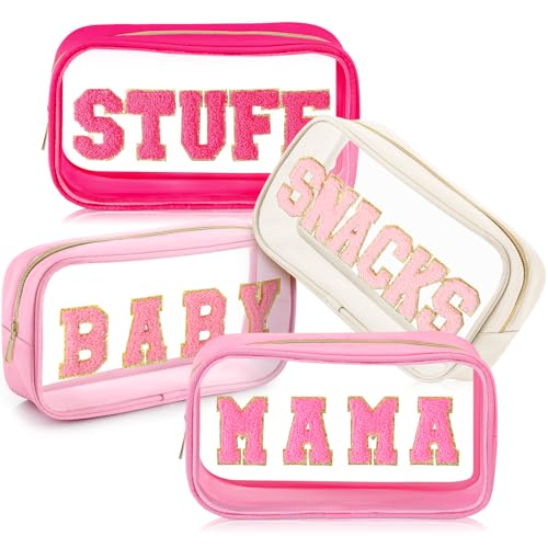 Image of SilTriangle 4 Pcs Mama and Baby Toiletry Bag Clear Chenille Letter Diaper Bag Pouch Snacks Makeup Stuff Travel Preppy Transparent Pouch with Zipper for Women Gift(Bright Color)