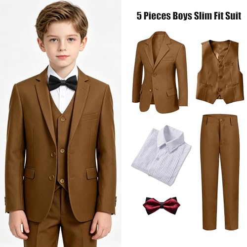 Image of Boys' Formal Suit 5 Piece Slim Fit Suits for Boy Kids Tuxedo Toddler Wedding Ring Bearer Outfit Teen Communion Dress