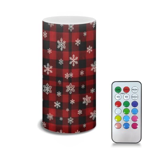 Image of Poceacles Flameless LED Candle Battery Powered Realistic Pillar Candle Decorative Tea Lights for Home Party Indoor Outdoor Christmas Decor, Snowflake Christmas Plaid Red Black