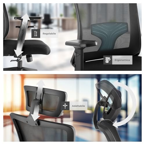 ® Sedia da Ufficio Ergonomica Tessuto a Rete, Schienale Alto con Poggiatesta Regolabile, Sedia Ufficio con Supporto Lombare, Altezza Regolabile, Braccioli Regolabili in 10 Posizioni - Nero - Sedia gaming - Immagine 7