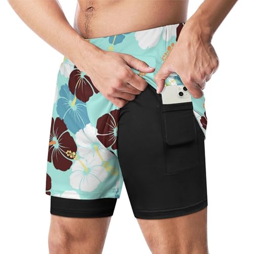 Hawaiian Hibiscus Flowers Men's Swim Trunks Quick Dry Shorts with Compression Liner and Pocket Bathing Suits