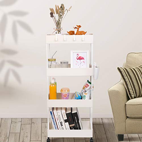Jakago 4-Tier Utility Rolling Storage Cart Slim Mobile Shelves On Wheels Multi-Function Trolley With Mesh Basket Storage Organizer Rack For Kitchen Pantry Bathroom Laundry (White) #TOP5