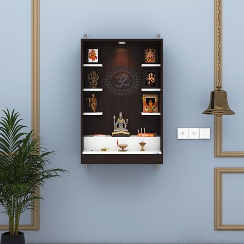 Image of Anikaa Niketana Wooden Wall Mount Mandir for Home | Pooja Temple with LED Light, Om Back Panel & 6 Shelves | Hindu Wooden Temple for Home & Office Decoration | Wenge /White (DIY), Size(32x20x8 Inches)