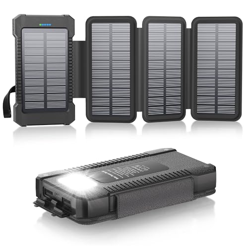 Chargeur Solaire 26800 mAh avec 4 Panneaux Solaires, Batterie Externe Solaire étanche avec Charge Rapide USB-C 18W pour Téléphones Portables, Tablettes,...