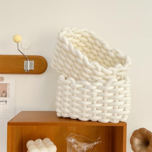 2 Stück Aufbewahrungskorb Geflochten Baumwolle Strickkorb, Quadratische Körbchen Geflochten Klein Wickeltisch Organizer, Korb Weiß für Schränke, Bad, Küche, Kinderzimmer-20 x 15 x 12 cm