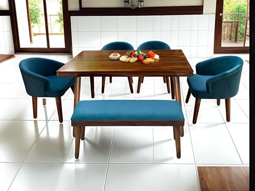 Image of DaneWood Wooden Dining Table 6 Seater | Six Seater Dinning Table with Upholstered 4 Dining Chairs & 1 Bench for Home | Dining Room Sets for Restaurants | Sheesham Wood | Honey Finish & Blue