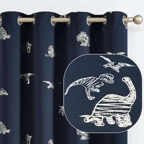 Image of BFAM Kids Blackout Curtains 9 feet Set of 1 - 100% Room Darkening, Thermal Insulated, Noise Reducing, Cute Blue Dino Prints, Eyelet Curtains for Playroom, Bedroom & Nursery, Pack of 1 Curtain