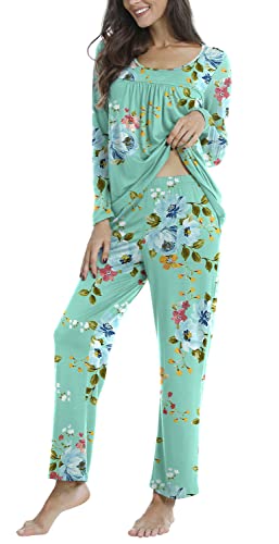 Taohuadao Womens Fall 2 Piece Pajama Sets, Long Sleeve Pleated Tunic Tops With Comfy Pants, Lounge Sleepwear Ladies Pjs Sets With Pockets Xl, Mint Green #TOP2
