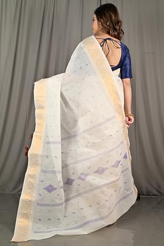 Image of eC ESHA'S COLLECTION Women's Kerala Cotton Floral Motif Printed Zari Bordered Tant Saree Without Blouse Piece