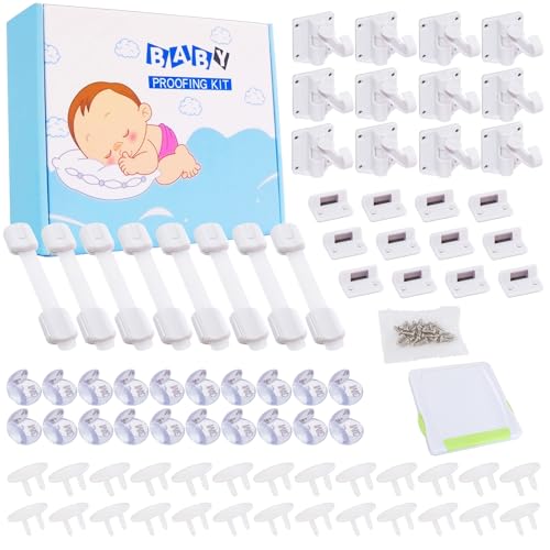 Image of 67 Packs Baby Proofing Kit, Multifunctional Baby Child Proof Equipment with 12 Hidden Cabinet Locks, 8 Adjustable Safety Latches, 26 Outlet Covers, 20 Baby Proof Corners and 1 Sliding Glass Door Lock