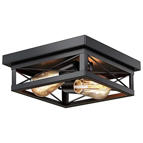 Aolloa 2-Light Flush Mount Ceiling Light Fixture, Farmhouse Square Industrial Black Ceiling Light UL Certified, Vintage Ceiling Lamp Fixture for Hallway, Kitchen, Dining Room, Bedroom (1 Pack) Cover
