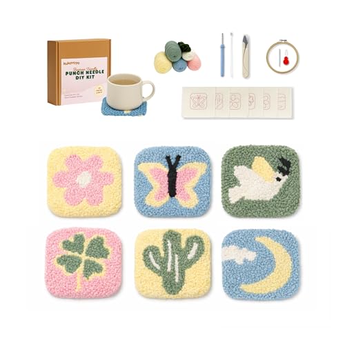 Kukovaya Punch Needle Kit for Beginners & Adults; Complete DIY Embroidery 6-Coaster Kit with Printed Fabric Yarn Needle Hoop & Guide Easy Craft Kit for Home Decor Gifts & Stress Relief