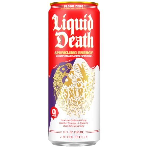 Image of Liquid Death Sparkling Energy - Blood Zero (Raspberry Cream), Zero Sugar Energy Drink, Unextreme Caffeine 100mg, Essential Vitamins, 12 Fl Oz (Pack of 12)