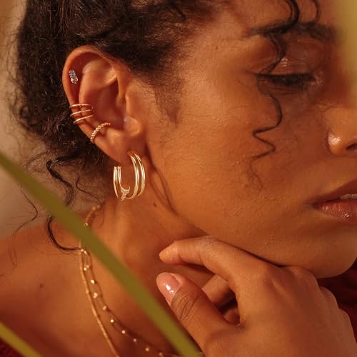 FETTERO Split Hoop Earrings 14K Gold Plated Chunky Hoop Earrings for Women Dainty Hypoallergenic Half Hoop Earring Jewelry Triple Hoop Earrings