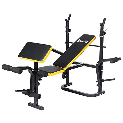 Adjustable Weight Bench with Squat Rack, Doufit WB-04 Foldable Workout Bench with Leg Extension and Preacher Curl for Full-Body Exercise and Strength Training, Weight Lifting Bench Press for Home Gym