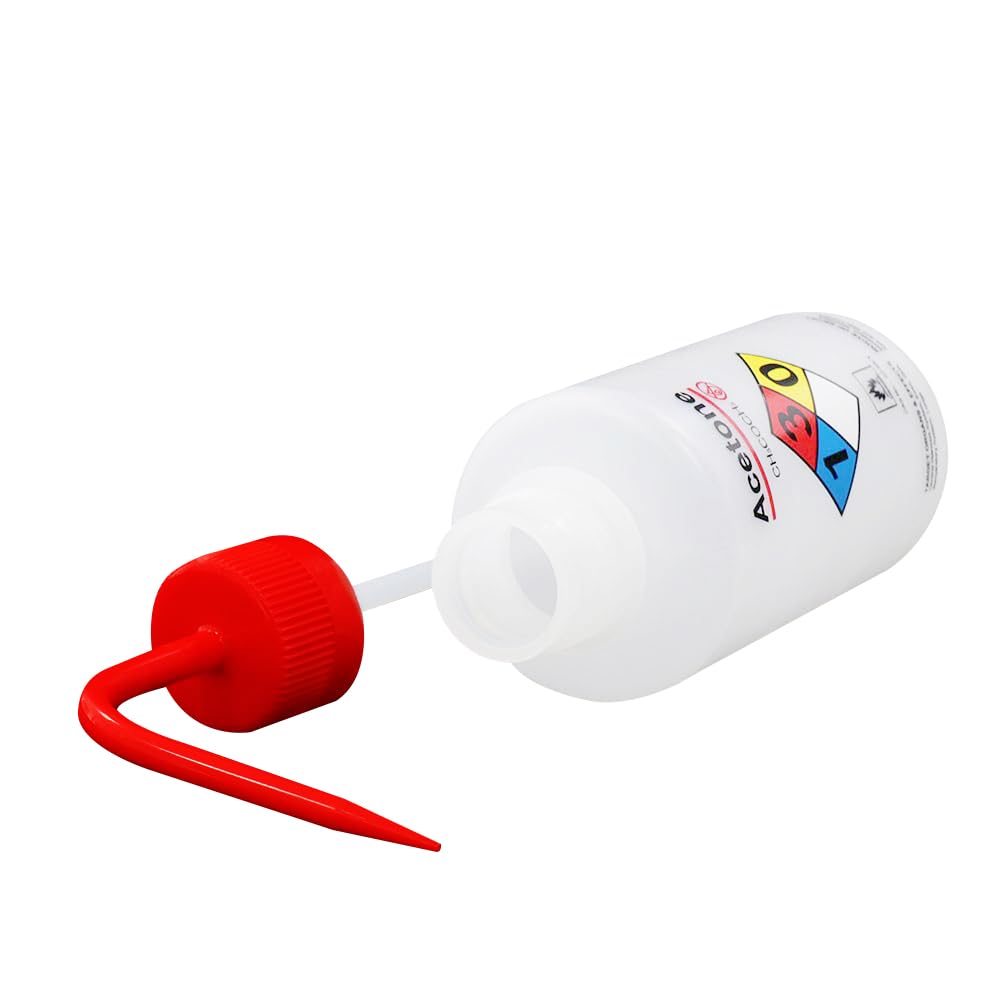 Bezpieczne butelki do mycia, aceton, 6 szt., z nazwą chemiczną. Objętość 500 ml, materiał LDPE, z zamknięciem materiału PP, nakrętka w kolorze czerwonym. WBA500A6