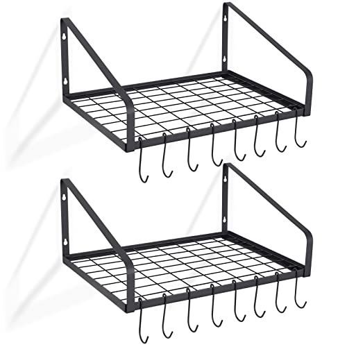 Giikin Hanging Pot Rack Set Of 2, Kitchen Wall Mounted Pot And Pan Hanger Rack Organizer, Wall Storage Shelves For Household Utensils And Cookware Holder With 16 S Hooks(Black) #TOP4