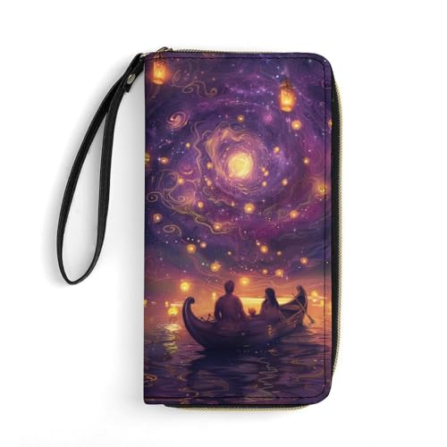 Couple Boating Fantasy Leather Wallets Long Wallet Bifold Card Holder Adjustable Buckle Multi Cards Case with Grip Hand Strap