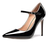 SAMMITOP Women's Pointed Toe Ankle Strap High Heel Shoes Mary Jane Pumps Black-R US8.5