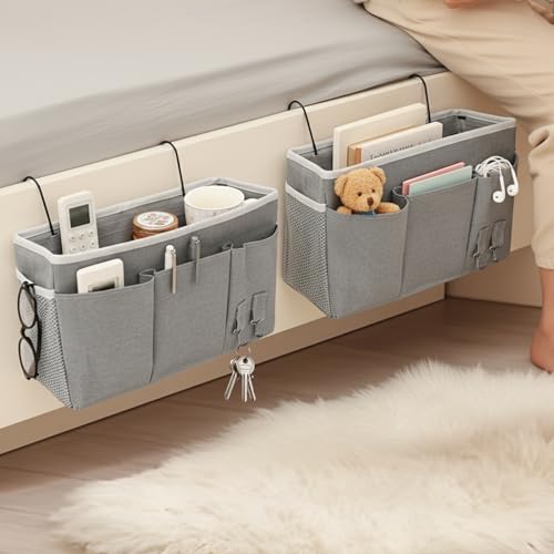 SHMSHNG 2 Pack Nachttisch-Hängeaufbewahrung Hängeorganizer mit 3 Fächern, Bett Organizer, Hängende Aufbewahrungstasche, Tür Organizer, Hängeregal Camping, Hängeaufbewahrung fur Schule, Wohnheim, Grau