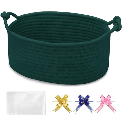 BOSROTY Baby Gift Baskets Empty with Handle Small Woven Basket with Gift Bags and Ribbons Decorative Organizer Box for Baby Pet Toy 12 x 8 x 5 Dark Green