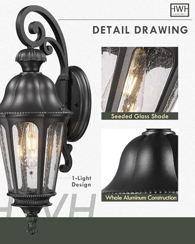 Image of Outdoor Wall Sconce, HWH 23'' Large Exterior Wall Lights with Seeded Glass, Wall Lamp Waterproof Antique Wall Lantern for Porch Patio Garage Entryway, 5HW90B-M BK