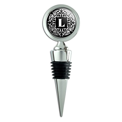 Letter L Initial Black White Scrolls Wine Bottle Stopper