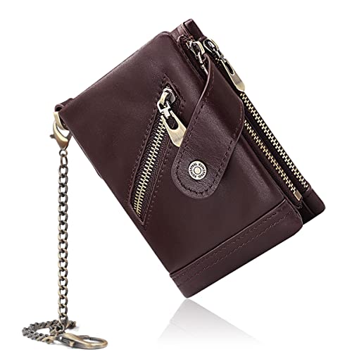 YERUUE Cartera Hombre Piel con RFID Bloqueo, Cartera Tarjetero Hombre Monedero con Cremallera Bolsillo para Monedas y Cadena, 14 Ranuras para Tarjetas, 1 Ventana de Identificación(Café) Cover