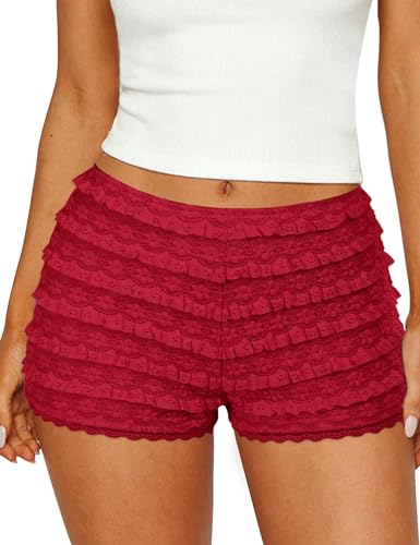 FOMELY Womens Ruffle Shorts Lace Bloomers Y2k Mini Shorts Bloomers for Women with Liner Red