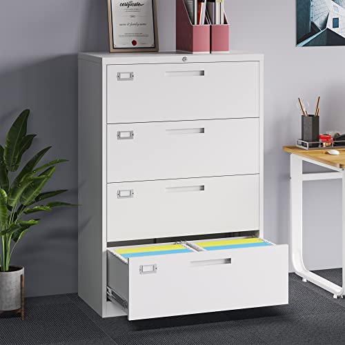 Stani Lateral File Cabinet With Lock, 4 Drawer Metal Filing Cabinet, Lateral Filing Cabinet With Lock For Home Office, Locking Metal Steel Wide File Cabinet For Legal/Letter A4 Size (White) #TOP1