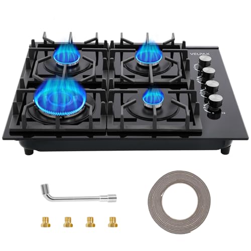 4-flammiger Gasherd, Automatischer Thermoelementschutz,Glas Gaskochfeld 60 cm,220-240V Einbau-Kochfeld, LNG/LPG wechselbar, Sicherheitsventile