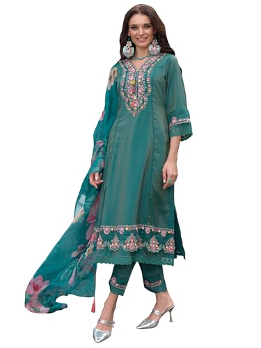 Image of INDO ERA Women's Silk Blend Embroidered A-Line Kurta and Pant with Dupatta Set (Ieout6682)