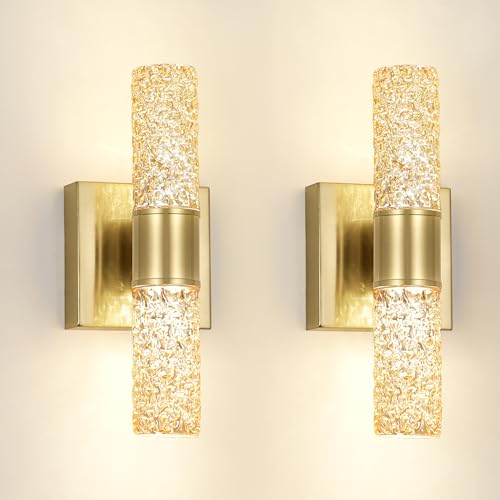 Image of 2 Pack Gold LED Wall Sconces, 10W 3000K Warm White Hardwired Wall Mounted Light Fixtures with Amber Crystal Glass, Modern Bathroom Vanity Lights for Mirror Living Room Bedroom Hallway
