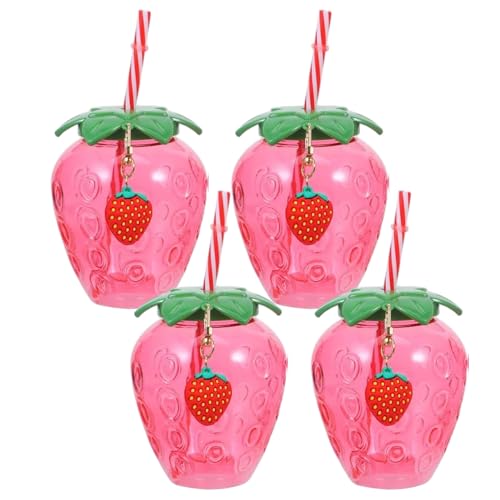 Hintyne 4 Vasos De Fresa con Tapa Y Pajita Vasos De Plástico De Fresa De 500 Ml con Colgante Botella De Agua Reutilizable para Decoración De Fiestas De Verano En La Playa.
