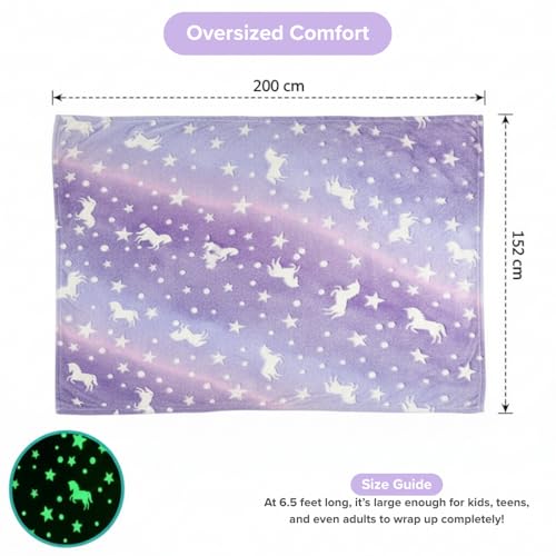 Image of DOCAT Glow Blanket for Kids 0-15 Years, 200x152 cm Double Bed Blanket for Girls Boys, Soft Cozy Flannel Fleece Throw Blankets for Winter, Radium Blanket Ideal Gift for Boys & Girls (Magic Unicorn)