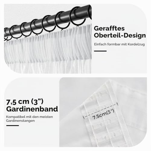 MRTREES Gardinen mit Kräuselband Stores Gardinen Weiß kurz transparent 137X140cm (HXB) Schlaufenschals 2er Set Vorhänge in Leinenoptik für… – Ansicht 4