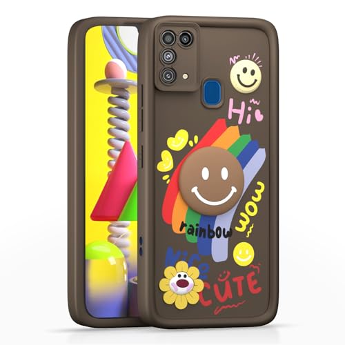 Image of Pikkme Back Cover for Samsung Galaxy M31 / M31 Prime / F41 | Soft Silicone| Cute Rainbow Smile & 3D Cartoon Flower Design | Shockproof Raised Camera Protection Bumper Case (Brown)