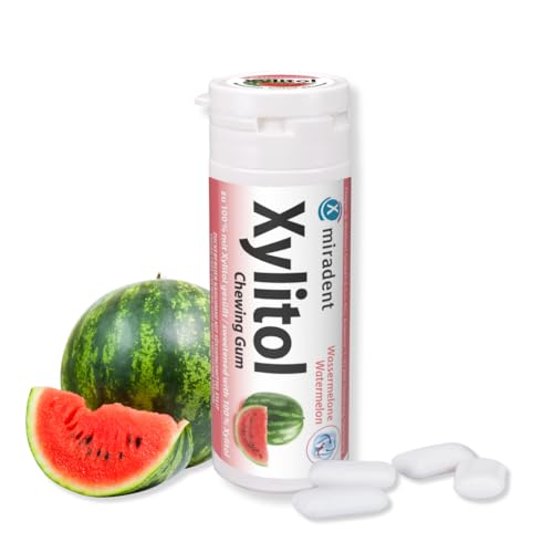 miradent Xylitol Zahnpflegekaugummi Wassermelone Dose 30 Stück (1 x 30 g) | fruchtiger Geschmack | zuckerfrei | vegan | kariespräventiv| für unterwegs