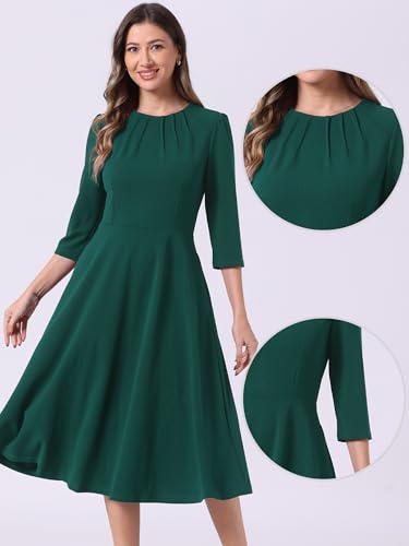 Image of Allegra K Elegant Work Dress for Women's 3 /4 Sleeve Round Neck Pockets Vintage A-Line Swing Midi Dress