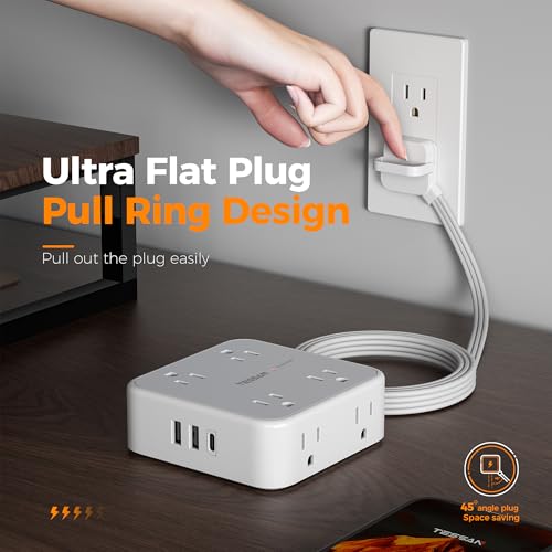 Image of TESSAN Surge Protector Power Strip, 5 Ft Flat Plug Extension Cord with 3 USB (1 USB C) 8 Outlets, 900J Protection, 3 Sided Outlet Extender with Ring Plug for Office, Dorm Room, Grey