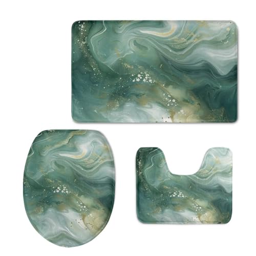 Flashideas Green Marble Print Bathroom Rugs Sets 3 Piece Non Slip Contour Mat Toilet Lid Cover and Bath Rug Absorbent Bath Mat Set Mats Shower Mats for Bathroom Tub Toilet