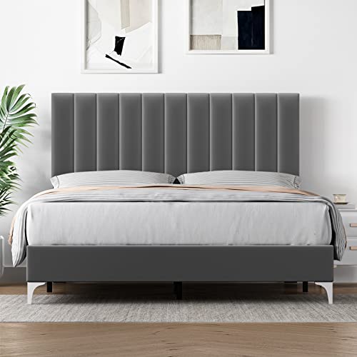 Amyove Queen Size Bed Frame with Headboard, Velvet Upholstered Platform Bed Frame with Adjustable Headboard and Wooden Slats Support, No Box Spring Needed, Easy Assembly, Dark Grey (Queen)