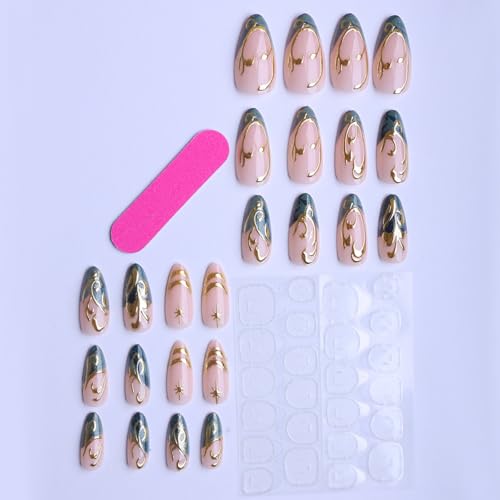 Image of Teal Press on Nails with Silver Swirl Design Medium Almond Fake Nails Star Stick on Nail Glossy Full Cover for Women Manicure 24Pcs