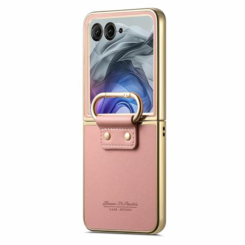 Image of for Motorola Razr 50 Ultra 5G Case Electroplating Leather Coated PC Phone Cover with Spring Ring Buckle Kickstand - Pink