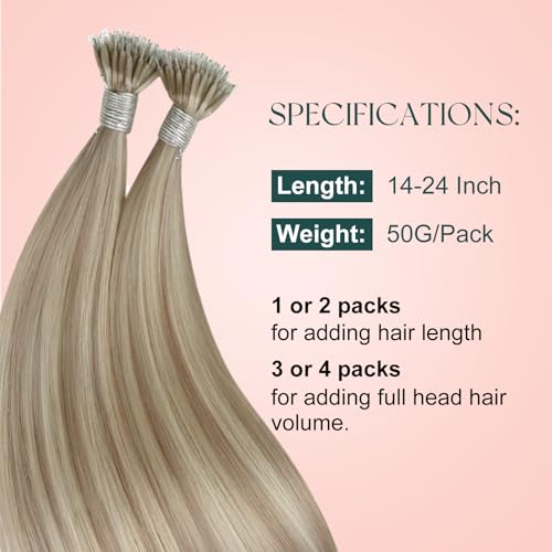Image of Easyouth Nano Hair Extensions Human Hair Blonde Nano Ring Hair Extensions Human Hair Highlight Ash Blonde and Blond Nano Loop Hair Extension Comfortable 24 Inch 50G 50S Invisible Nano Extension Remy