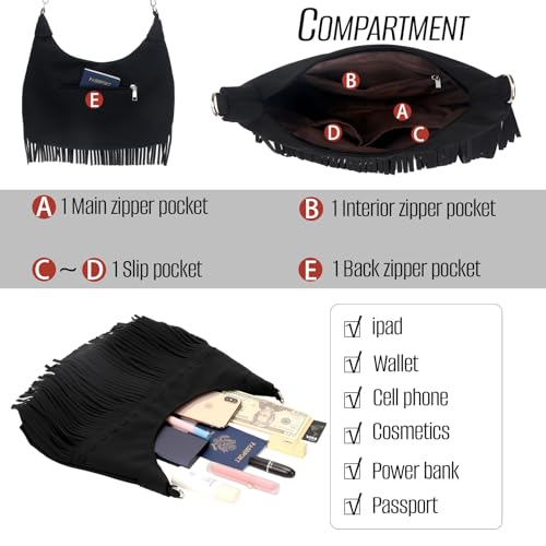Image of Fringe Hobo Crossbody Bags for Women Cowgirl Western Crescent Purse Vegan Suede Hippie Shoulder Bag Bohemian Handbag