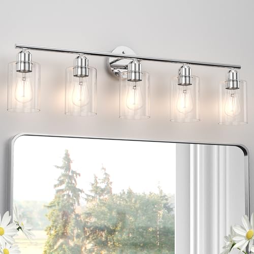 Image of Bathroom Vanity Light Fixtures Polished Chrome Bathroom Lighting Fixture, 5 Lights Bathroom Light Fixture Over Mirror, Modern Black Vanity Light, Wall Sconces with Glass Shades