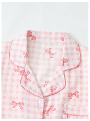 Image of SHENHE Women's 2 Piece Pajama Set Bow Graphic Button Down Short Sleeve Lapel Shirt Pj Short Set
